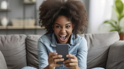 Younge black happy girl playing on smartphone apps, betting money online and shopping online, AI