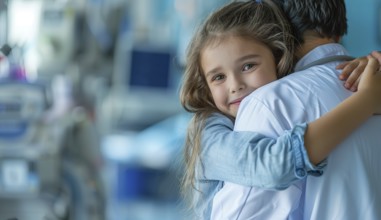 Doctor hugging little girl in hospital room. Smiling young girl being held by a doctor, AI