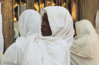 Tigray region, city of Axum, Aksum, believers, pilgrims in front of the church, Ethiopia, Africa