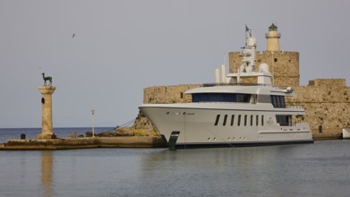 Modern white yacht in front of historic fortress and lighthouse under blue sky, European roe deer