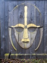 Wooden panelling version of Sutton Hoo Saxon helmet, Suffolk, England, United Kingdom, Europe