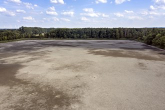 Aerial view of dried up fish ponds in Reckahn in Brandenburg. The Plane, a river that normally