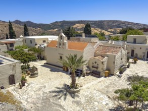 View of courtyard courtyard with Phoenix theophrasti of Odigitria Monastery in the centre