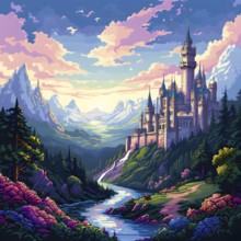 Pixel art illustration of a sprawling fantasy kingdom with majestic castle perched atop a hill, AI