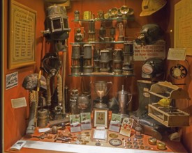 Display cabinet relating to history of coal mining in north Somerset coalfield, Radstock museum,