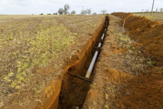 Farm irrigation water supply pipeline excavated in sandy soil, Shottisham, Suffolk, England, UK