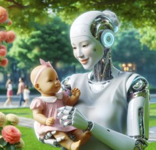 A female humanoid robot lovingly holds a doll in her arms, AI generated, AI generated