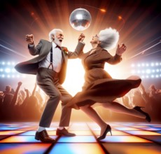 Two senior citizens, an old man and an old woman, dance in a disco to lively music, AI generated,