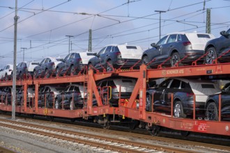 Car train, goods train on its way to the car terminal in Bremerhaven seaport, new German cars for