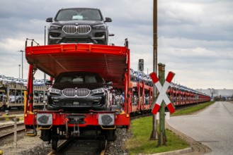 BMW new cars, on freight wagons, in the harbour of Cuxhaven, are shipped from here to Great Britain