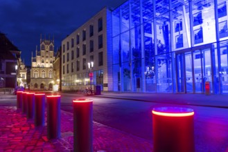 Historic old town, facade of the historic town hall, blue illuminated building of the Münster