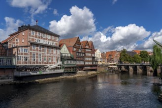 The old town of Lüneburg, Stintmarkt square on the Ilmenau river, historic harbour district, many