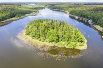 Aerial view of island in lake Granzower Möschen, Mecklenburg lake district, Mecklenburg-Vorpommern,