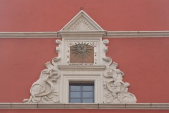 Sundial, ornaments and windows, Old Town Hall, historic, historical, main market, Gotha, Thuringia,