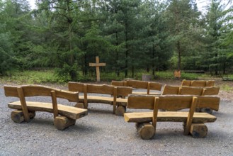 Cemetery forest, place of worship, cross, wooden cross benches, wooden benches, burial place in the