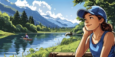 Cartoon vector illustration of a teen girl at a tranquil mountain lake, AI generated