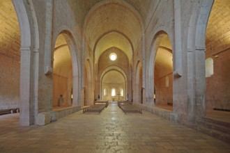 Interior view of the monastery church of the Romanesque abbey of Le Thoronet, monastery complex,