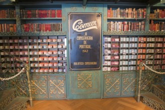 Classic shop with shelves displaying books and colourful preserves in an antique style, decorative