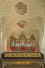 Organ, gallery and ceiling fresco, late Gothic Minster of Our Lady, interior view, Radolfzell,