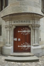 Brown wooden door with fittings, inscription, town hall, Überlingen, Überlinger See, Lake Constance