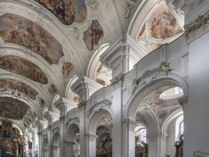 Side gallery of the baroque Basilica of St Mauritius, Niederaltaich, Lower Bavaria, Germany, Europe