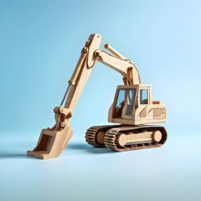 Vintage wooden excavator toy with a playful design in front of blue background, AI generated