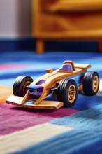 Vintage wooden race car toy with a playful design in front of blurred background, AI generated