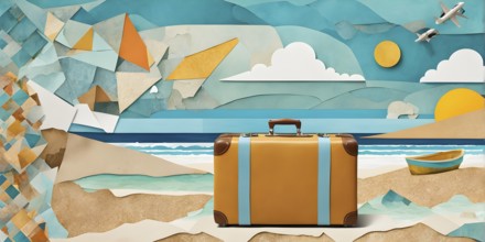 Vintage collage of a tourist with suitcase on a beach symbolizing vacation, AI generated