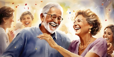 Watercolor illustration of a joyful elderly couple, AI generated