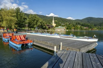 Pedal boats and electric boats at jetty, boat hire, behind St. Sixtus parish church, Markt