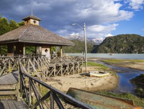 House and wooden boardwalk of Caleta Tortel, at the seaside, Caleta Tortel, Aysen region,