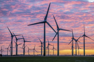 Wind farm near the East Frisian town of Norden, east of the town, sunset, Lower Saxony, Germany,