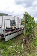 Upper Middle Rhine Valley, water tank for irrigating grapevine plants, in the Kapellenberg vineyard