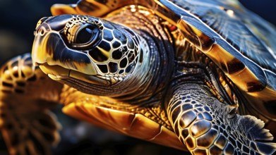 Close up on the wrinkled skin of a turtle with intricate patterns, AI generated