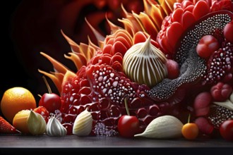 AI generated surreal food art blending an intricately detailed food sculpture interwoven with