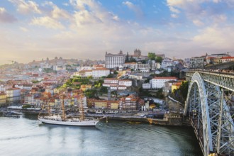 View of Porto city and Douro river and Dom Luis bridge I from famous tourist viewpoint Miradouro do