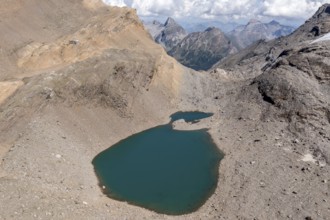 Aerial view of glacial lake, SAC hut monte leone, near Simplon mountain pass, Switzerland, Europe