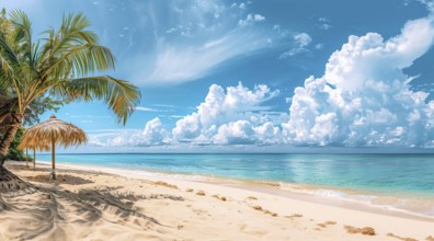 A beautiful beach with a palm tree in the foreground. Concept of relaxation, vacation and cruise,