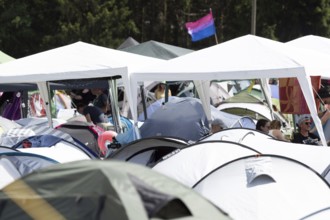 Adenau, Germany, 8 June 2024: Fans celebrate on one of the Rock am Ring campsites. The festival