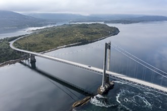 Aerial view of suspension bridge over fjord Efjord, road E6, northern Norway