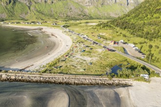 Aerial view of campsite at beach Ersfjordstranden, fjord Ersfjord, golden restroom, Senja island,