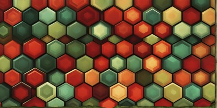 Abstract composition of interlocking green and red hexagons, AI generated