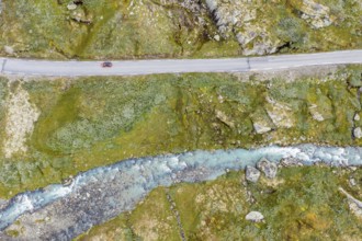 Aerial view of the Sognefjell road, mountain road along Jotunheimen National Park, Norway, Europe