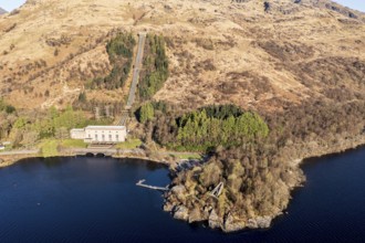 Aerial view, Hydro-electric power station at Inveruglas, wooden pyramid viewing point on peninsula,