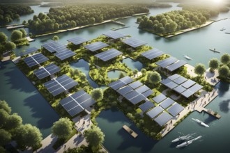 3d rendering of a sustainable engaged waterfront development with floating solar panels, AI