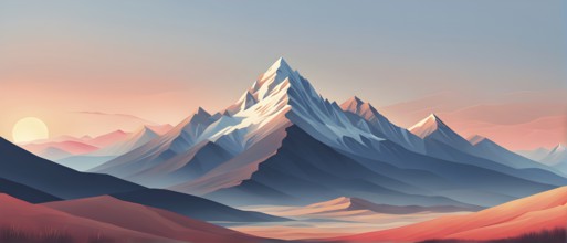 Minimalist landscape with stylized mountains and a setting sun, represented by simple geometric