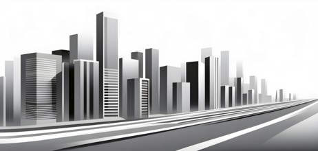 Modern city skyline using clean lines and geometric forms, with rectangular buildings and smooth,