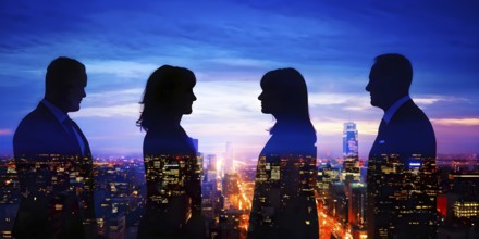 AI generated profile of business professionals with a double exposure of city lights, representing