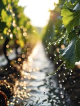 AI generated active vineyard irrigation system bathing under the blazing summer sunlight