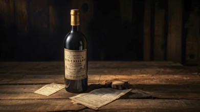 Aged bottle of wine resting on a wooden table, AI generated